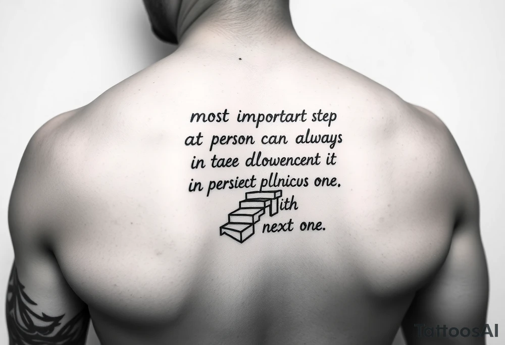 Design a tattoo for the outer arm using the phrase “the most important step a person can take is always the next one” with a geometric path or staircase tattoo idea
