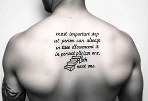 Design a tattoo for the outer arm using the phrase “the most important step a person can take is always the next one” with a geometric path or staircase tattoo idea