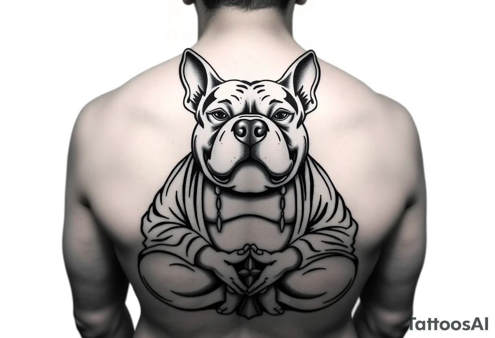 Meditating fat Buddha with happy pitbull head with floppy ears tattoo idea