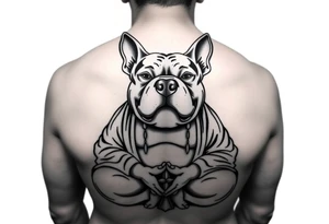 Meditating fat Buddha with happy pitbull head with floppy ears tattoo idea