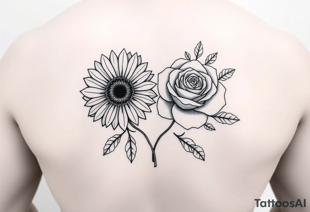 "Hand-drawn tattoo-style illustration of a single symmetrical flower composed of a sunflower on the left half and a rose on the right half, split perfectly down the middle. Surrounding the flower is delicate, symmetrical greenery and leaves. The overall style is simplistic, clean, and in greyscale line art, suitable for a tattoo design. Minimalist and elegant, with fine lines and no shading or color." tattoo idea