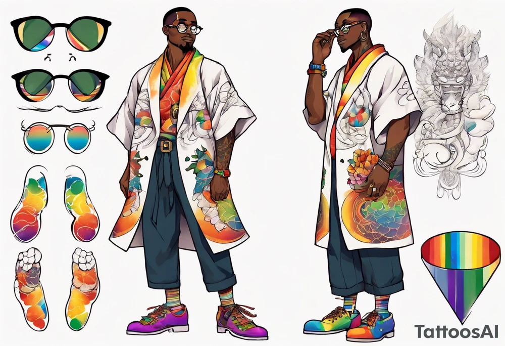 a handsome black man wearing round glasses and a rainbow tunic and scaled boots tattoo idea