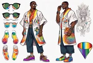 a handsome black man wearing round glasses and a rainbow tunic and scaled boots tattoo idea