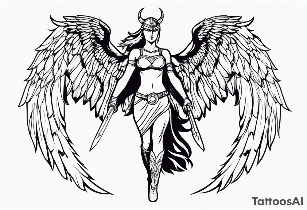 The full body of a Valkyrie with wings flying tattoo idea