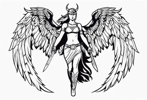 The full body of a Valkyrie with wings flying tattoo idea
