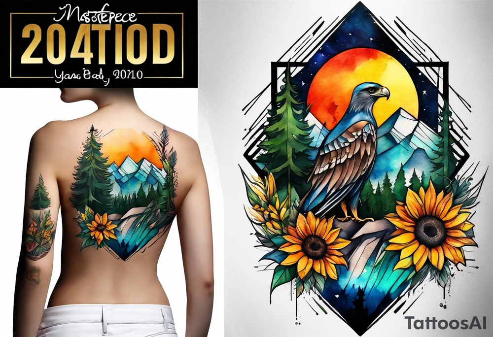 Small Watercolor inside arm tattoo, 4 inches. Black kite (Daya's name), nature (trees/flowers), rock/metal vibe (bold lines), sunflower. Bright colors! tattoo idea
