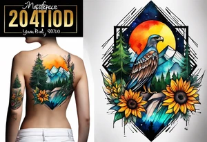 Small Watercolor inside arm tattoo, 4 inches. Black kite (Daya's name), nature (trees/flowers), rock/metal vibe (bold lines), sunflower. Bright colors! tattoo idea