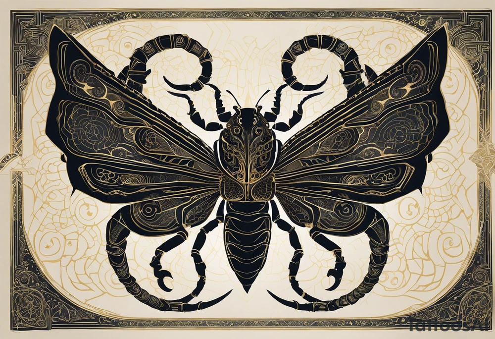 Winged scorpion with mystical details, such as glowing eyes and a tail that spirals, ending in a luminous stinger. Its body would have intricate patterns inspired by the Scorpio constellation, with a subtle glow that suggests power and mystery.

The creature could be accompanied by black-tinted bracelets encircling the arm. These bracelets could be designed with geometric lines or ancient symbols, creating a visual harmony between the creature and the bracelets, representing protection and connection with cosmic forces. The tattoo as a whole would evoke strength, mystery, and the intense essence of Scorpio. tattoo idea