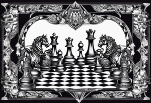 a chessboard with angelic and demonic chess pieces engaged in a strategic game, symbolizing the eternal battle between opposing forces. tattoo idea