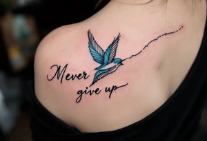Never give up" written in black ink along the path of a soaring swallow, done in cool slate blue. tattoo idea