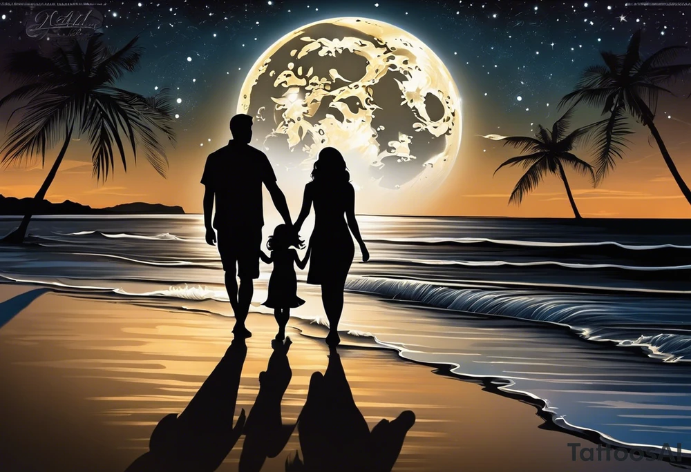 Create a stunning image of a realistic tattoo design that features a husband and wife holding hands, accompanied by their two children, walking along a beautiful beach. The moon shines radiantly in the night sky, illuminating the serene scene. Let your creativity flourish as you envision the intricate details that bring this tattoo to life, encapsulating the essence of love, family, and the awe-inspiring beauty of nature. tattoo idea