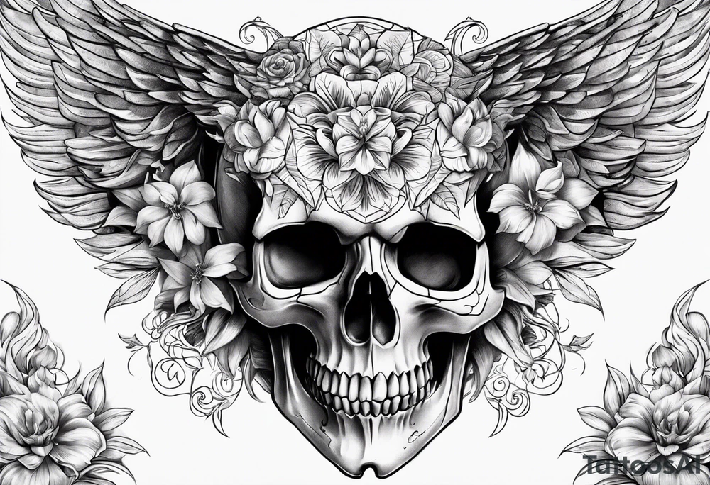 Skull dragon wings with flowers, back tattoo tattoo idea