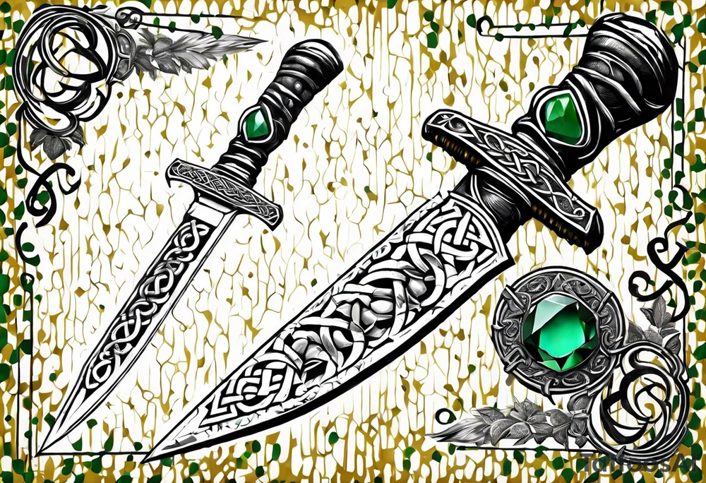 A Celtic athame dagger with the hilt turned upward and an emerald gemstone on the hilt not on the blade tattoo idea