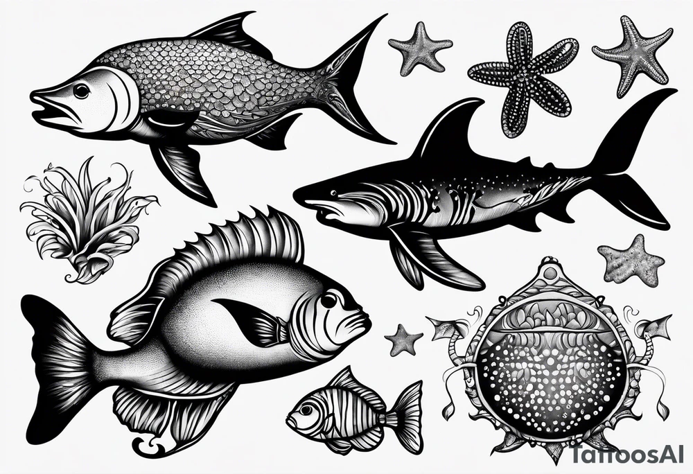 Small sea creatures in a line tattoo idea