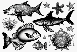 Small sea creatures in a line tattoo idea