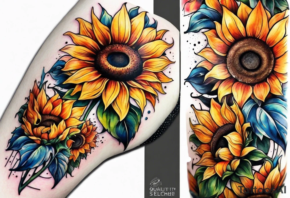 Colorful sunflower arm sleeve tattoo idea