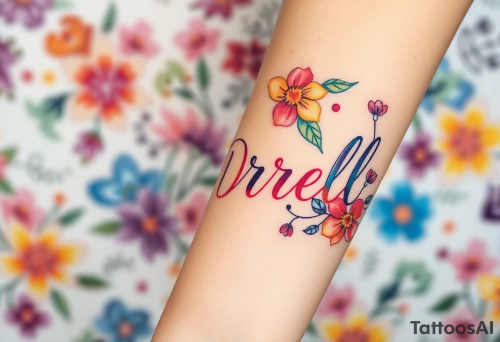 neon colors, 1 inch font, "Darrell" with lots of whimsical background, add lots of flowers, more background flowers of different colors, sizes and shapes tattoo idea