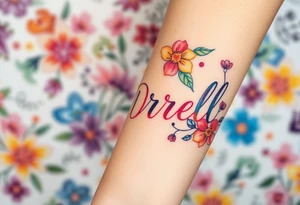 neon colors, 1 inch font, "Darrell" with lots of whimsical background, add lots of flowers, more background flowers of different colors, sizes and shapes tattoo idea