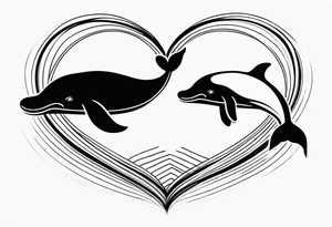 Two cartoon cute whales making heart with tails tattoo idea