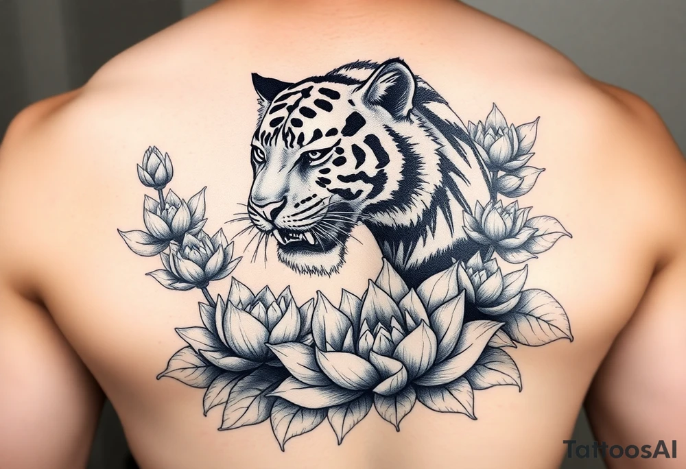 fierce tiger emerging through blooming lotus flowers in mist tattoo idea