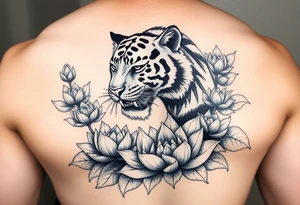 fierce tiger emerging through blooming lotus flowers in mist tattoo idea