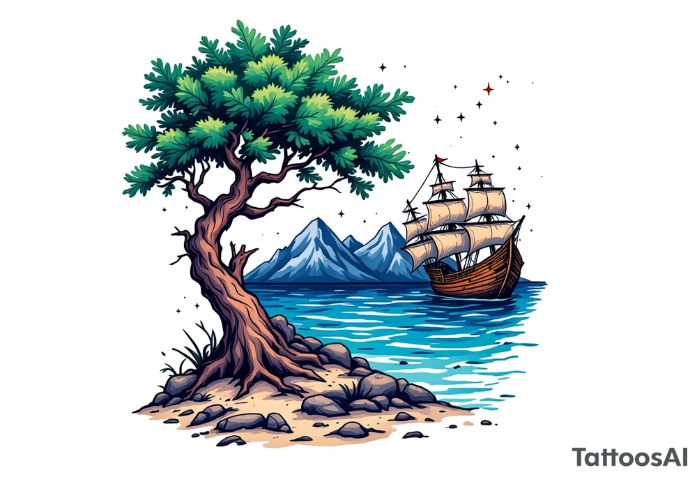 tattoo that has an acacia tree with mountains, ocean with a ship wreck and the northern star tattoo idea