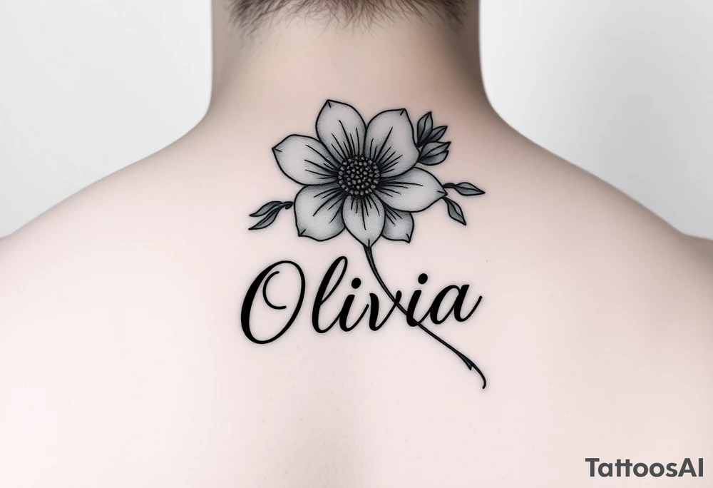 May birth flower with the name Olivia in script tattoo idea