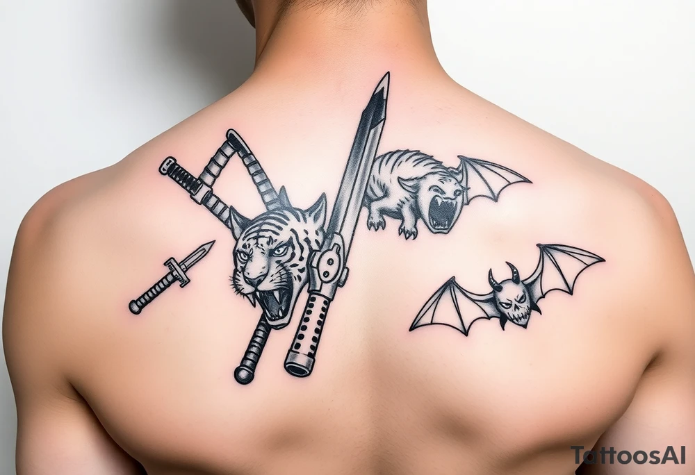 Anime design featuring Kuwabaras spirit Sword, Yusukes spirit gun, Toradoras palm top tiger, and the Deimon devil bat tattoo idea