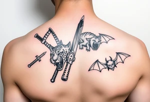 Anime design featuring Kuwabaras spirit Sword, Yusukes spirit gun, Toradoras palm top tiger, and the Deimon devil bat tattoo idea