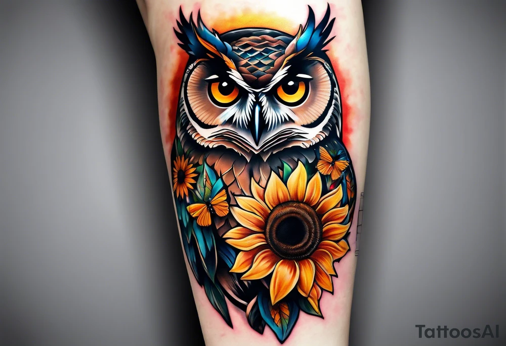 Sleeve with an owl, sunflower and butterfly tattoo idea