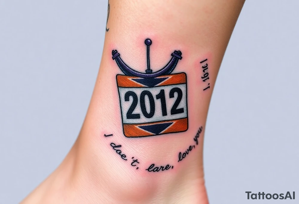 Safety pins through the skin attaching a running bib with 2012 and purple and gold accents with “I don’t care, I love it” around the outside tattoo idea