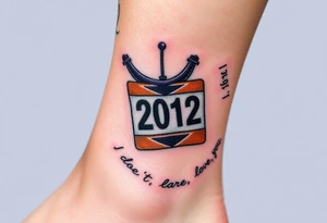 Safety pins through the skin attaching a running bib with 2012 and purple and gold accents with “I don’t care, I love it” around the outside tattoo idea