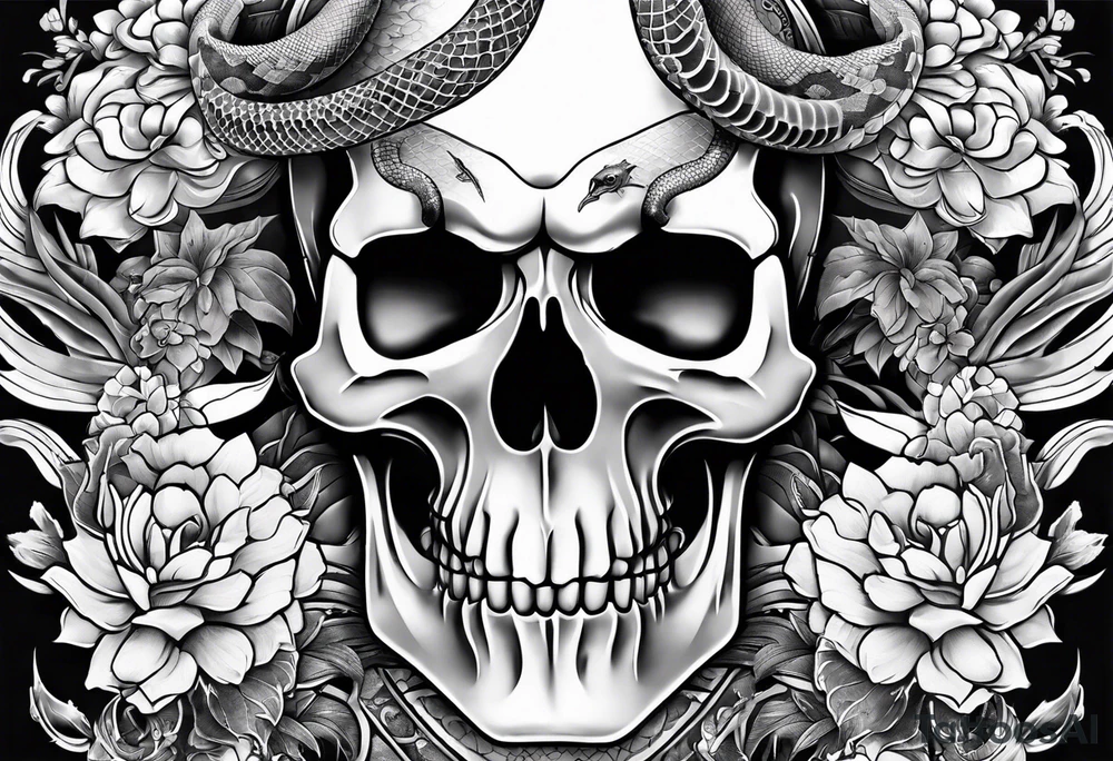 sleeve tattoo with a snake, gun, skull and Japanese designs, no flowers tattoo idea