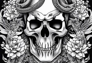 sleeve tattoo with a snake, gun, skull and Japanese designs, no flowers tattoo idea