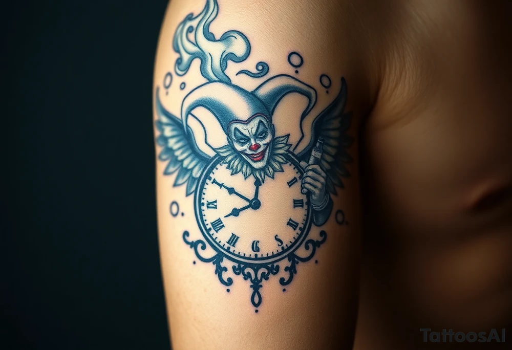 a jester clown floating in smoke with a  clock, the time says 420,  with two open wings besides the clock, smoke as the spring rising from the clock, a jester clown coming out the smoke, smoking in one hand with a liquor bottle on the other hand tattoo idea