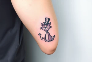 colourful Cheshire Cat from Alice in Wonderland, with a top hat on its head and mushrooms tattoo idea