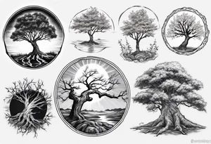 Small spring beside a oka tree plus sun in the tree trunk tattoo idea
