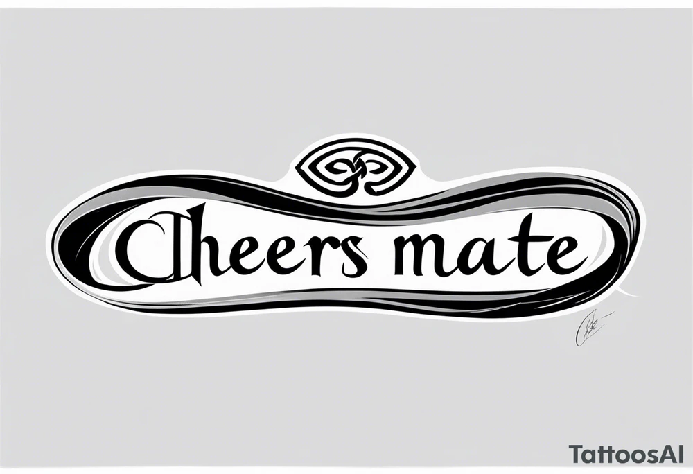 "Cheers Mate" text black and grey ink armband +Celtic +grey Cancer Ribbon +tribal +artistic tattoo idea