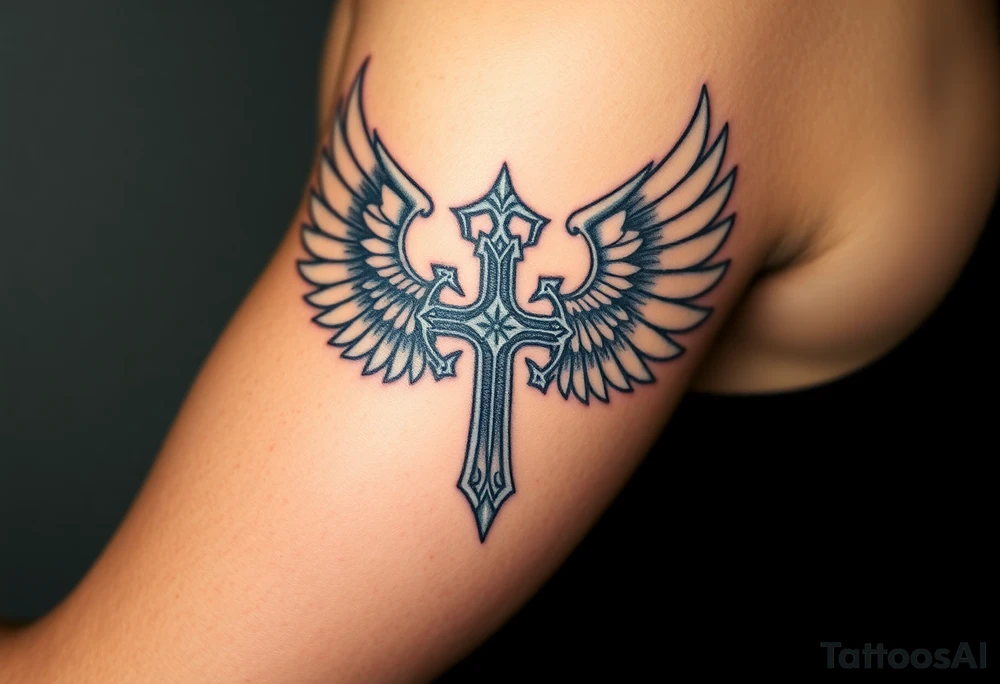 A silver gothic cross with large angelic wings, softly shaded in white and gray, glowing with divine golden light tattoo idea