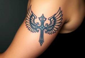 A silver gothic cross with large angelic wings, softly shaded in white and gray, glowing with divine golden light tattoo idea