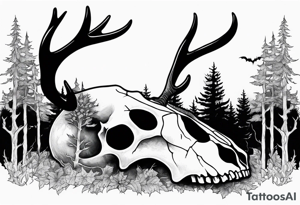 Halloween side view of a DECAYING deer skull JUST BONE surrounded by a forest fire in background tattoo idea