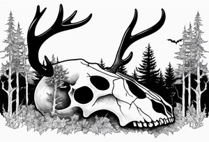 Halloween side view of a DECAYING deer skull JUST BONE surrounded by a forest fire in background tattoo idea