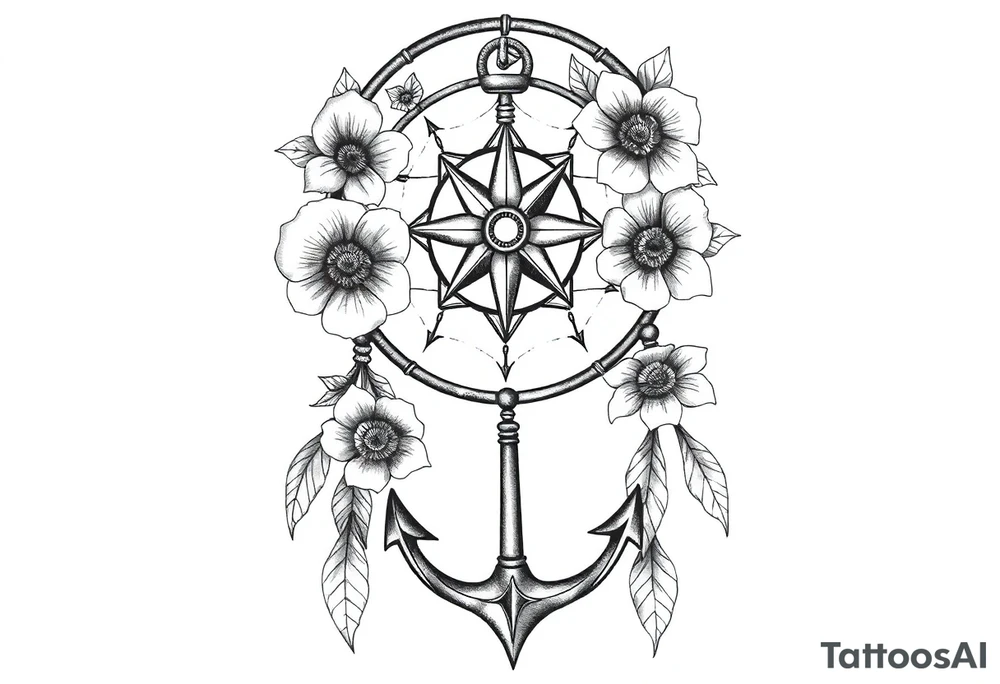 dream catcher with compass and anchor Beautiful flowers and boho like look tattoo idea