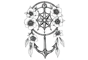 dream catcher with compass and anchor Beautiful flowers and boho like look tattoo idea