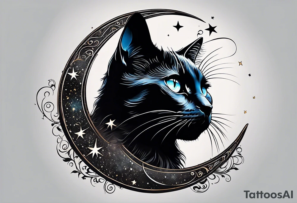 Photo realistic black cat head with moon and stars tattoo idea