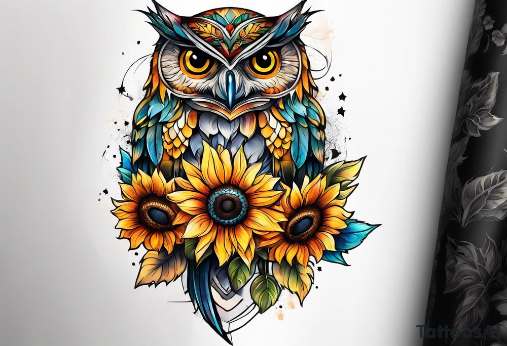 Leg sleeve with colorful sunflowers and an owl tattoo idea