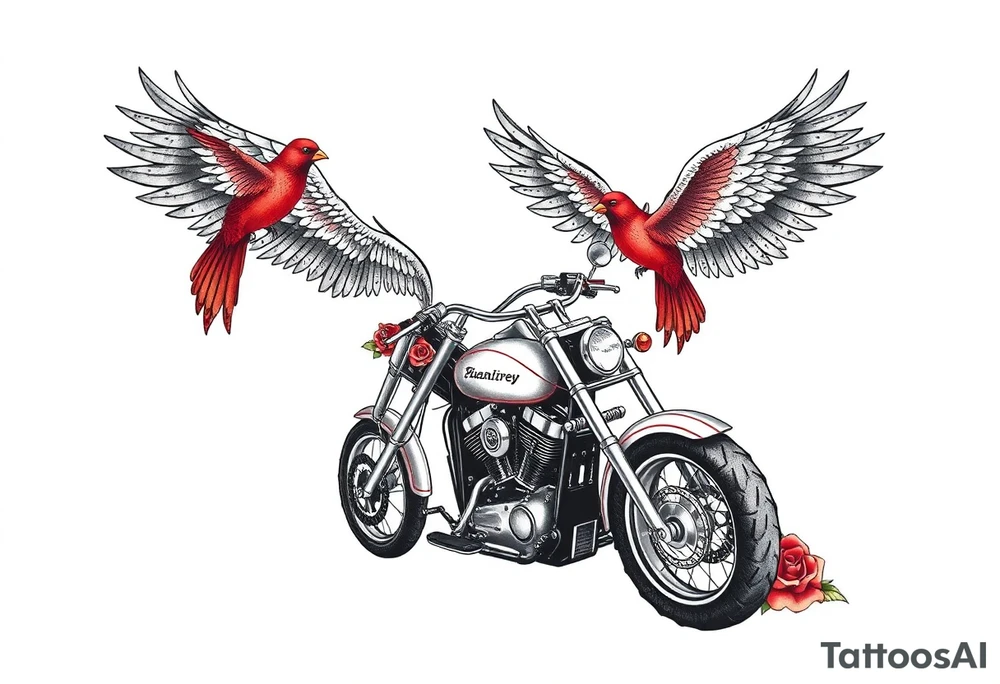 Harley grey motorcycle driving away, two red birds flying, roses, flames, angel wings tattoo idea