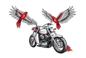 Harley grey motorcycle driving away, two red birds flying, roses, flames, angel wings tattoo idea