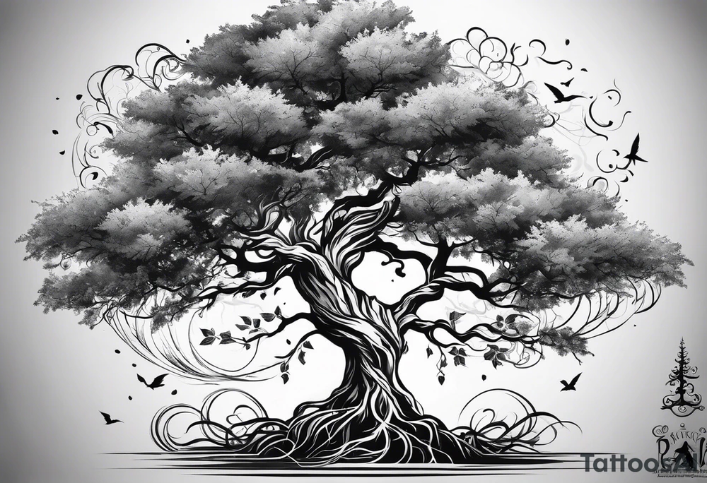 Full arm sleeve tatto with a tree with roots, the last name blanco, and a pheonix rising above the tree and the name blanco tattoo idea
