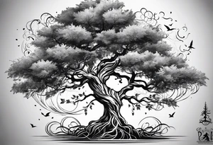 Full arm sleeve tatto with a tree with roots, the last name blanco, and a pheonix rising above the tree and the name blanco tattoo idea